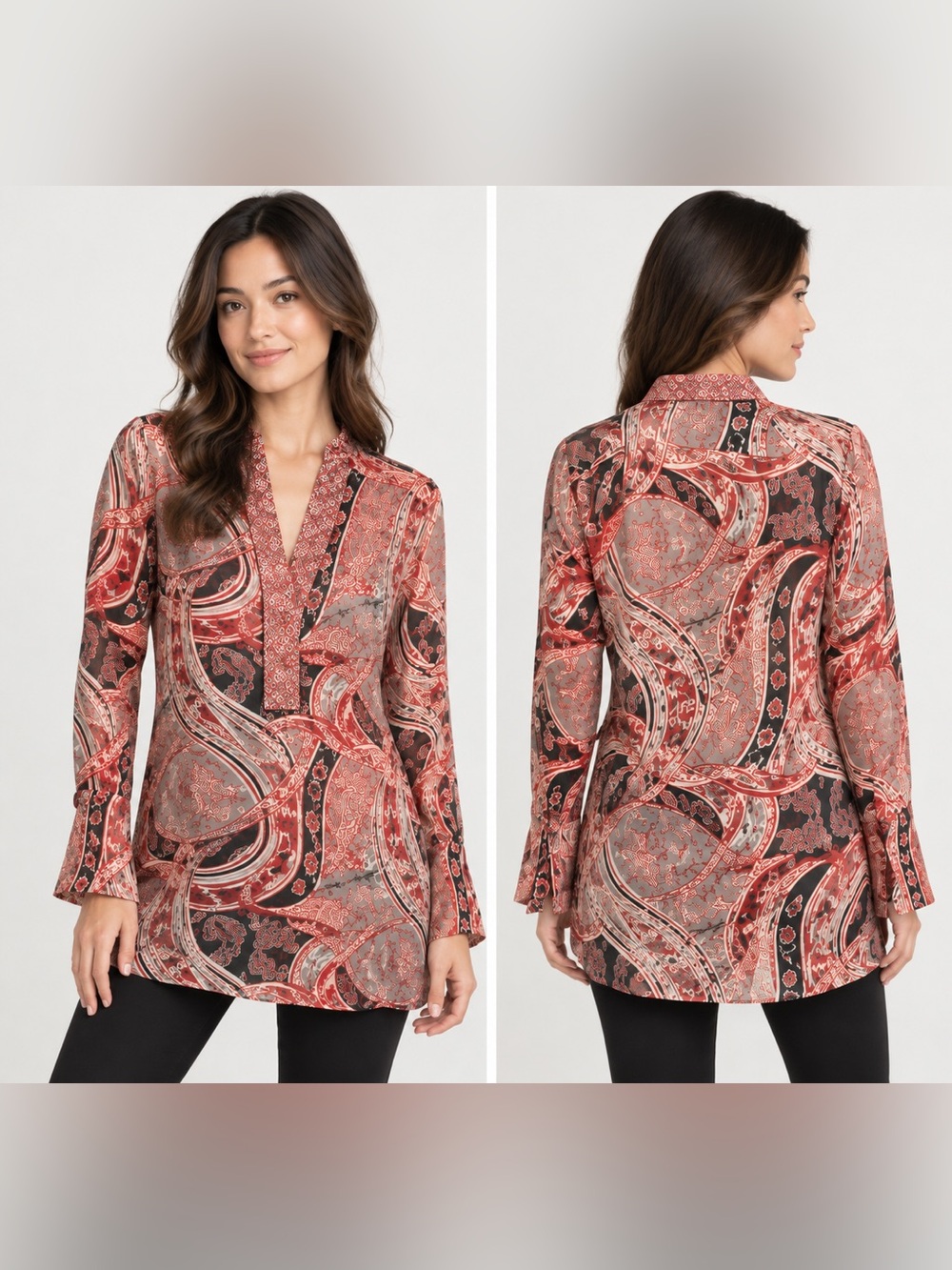 Shanghai Tang Women’s US 4 100% Silk Dragon Print Long Sleeve Blouse Tunic
